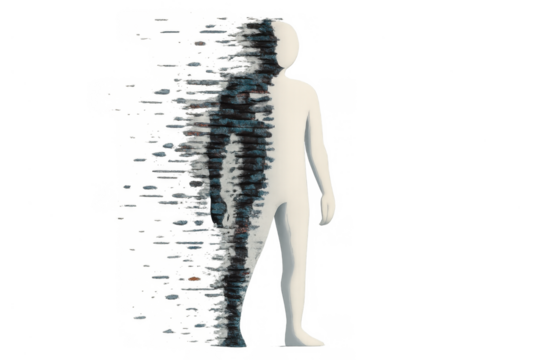 Human figure dissolving into particles, concept of digital disintegration, abstract identity crisis, virtual reality avatar