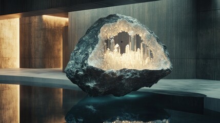 Floating geode palace concept, interior crystalline structures visible through translucent shell, illuminated from within, eye-level perspective from a distance, surreal texture