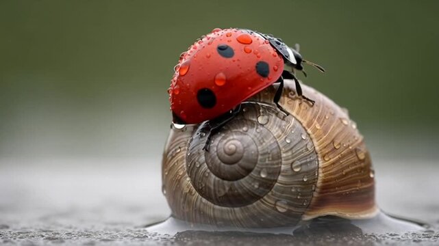 Enchanting Encounter: A Ladybug's Journey Atop a Snail Shell in a Miniature World of Dewdrops