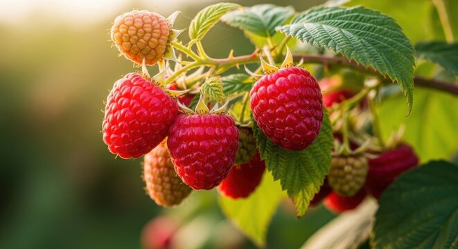 Close-up of ripe red raspberries growing on a bush in the garden.