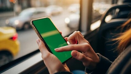 Female hands holding a smartphone with a green screen while commuting in a car during golden hour - Powered by Adobe