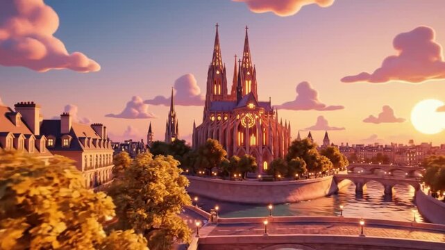 A breathtaking animated sunset view over the iconic Notre Dame Cathedral in Paris, with the Seine River reflecting the warm, golden light of dusk, capturing the romantic charm of the French capital