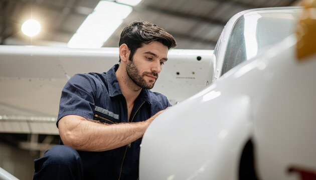 Aircraft Mechanic Inspects: A focused aircraft mechanic meticulously examines a sleek aircraft. His expertise and precision highlight the importance of aviation maintenance. 