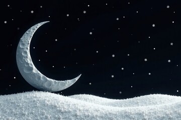 Crescent Moon above a Snowy Landscape at Night with Falling Snowflakes