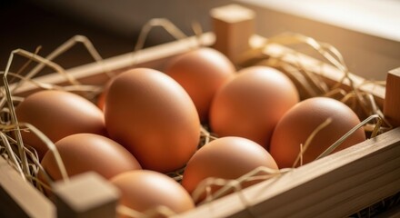 Fresh Brown Eggs in Wooden Crate with Straw Nest.