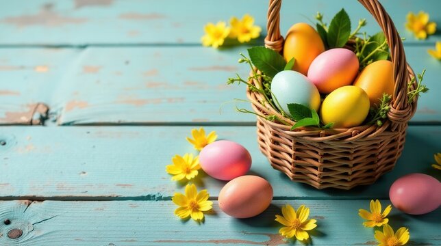 Pastel Easter Eggs in a Woven Basket with Yellow Flowers on a Rustic Wooden Surface