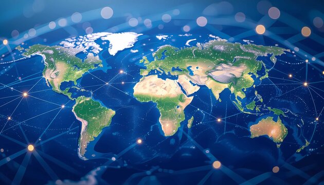Futuristic world map showing global connections across continents with glowing networks