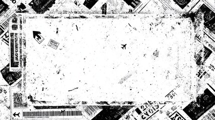 A textured black and white background featuring airplane symbols and scattered paper elements, creating a travel-themed composition.