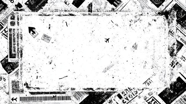 A textured black and white background featuring airplane symbols and scattered paper elements, creating a travel-themed composition.