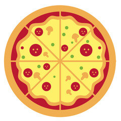 A whole pizza illustrated in a fun flat style, showing toppings and slices, ideal for food graphics, educational activities, and creative design projects involving circles.