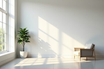 Fototapeta premium Serene Minimalist Room Featuring a Comfortable Chair and Lush Potted Plant Basking in Sunlight