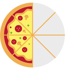 A pizza illustration showing one quarter slice highlighted, ideal for fraction learning, math materials, food graphics, and classroom educational resources in a clean flat style.