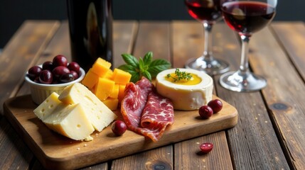 A delectable arrangement of cured meats, cheeses, olives, and berries, artfully presented on a rustic wooden board, complemented by two glasses of red wine.