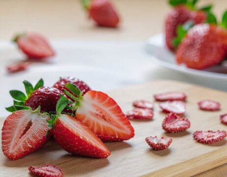 Fresh ripe strawberries halved to show red juicy interior and dried slices on a wooden cutting board, ideal for healthy snacks and dessert ingredients