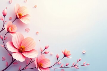 Naklejka premium Delicate Pink Blossoms Arranged in a Corner Composition on a Light Blue Background