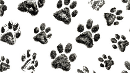 A pattern of animal paw prints in a textured design, showcasing various sizes and styles against a dark surface.