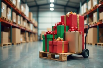 Festive presents on a hand truck in a warehouse, ready for distribution during the holiday season.