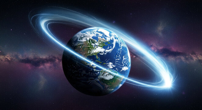 Image features Earth globe encircled by luminous ring set against a starry space background. The dark night sky and Milky Way galaxy are vividly displayed, symbolizing exploration. - Powered by Adobe