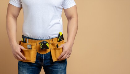 Construction Worker: A builder stands confidently, tool belt, showcasing essential equipment, ready for construction, portraying craftsmanship.