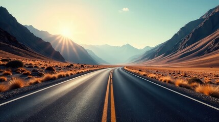 Asphalt ribbon unwinding through sun-drenched mountainous terrain, a scenic drive towards an inspiring horizon