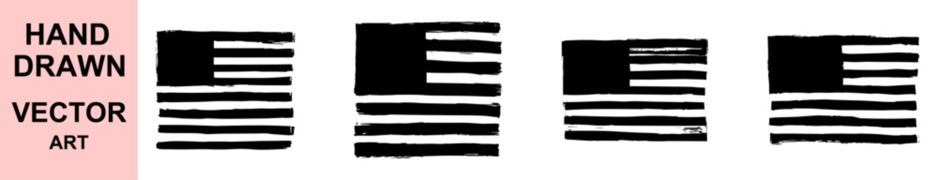 Bold hand drawn grunge American flag vector illustration set featuring rough brush stroke stripes, distressed textured patriotic artwork perfect for USA themed designs and creative independence projec