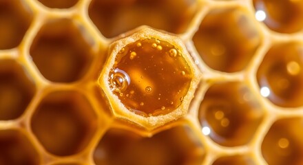 Honeycomb's sweet secret revealed: Close-up of honeycomb showcasing glistening honey, a testament to nature's delicious craftsmanship
