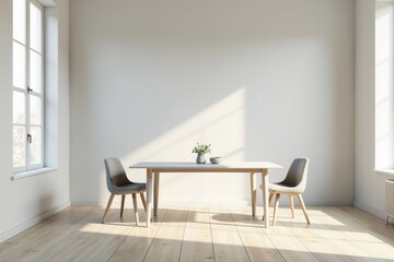 Fototapeta premium Minimalist Dining Room with Sunlight Streaming Through Windows and Light Wood Floors