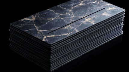 A stack of blank cheques made of thin, polished obsidian, signature line glowing faintly, minimalist and ominous, dramatic low-key lighting