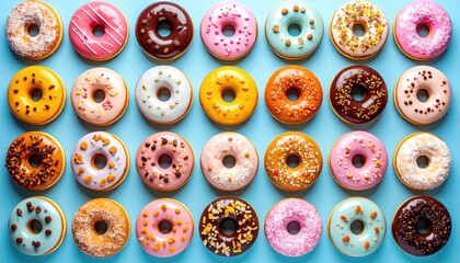Rows of vibrant donuts, various toppings, on blue backdrop