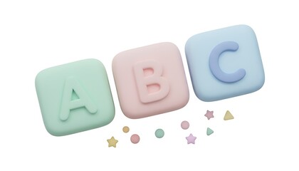 3D cartoon alphabet blocks A, B, C in a soft pastel color palette with rounded edges and smooth shadows, perfect for education, learning themes, kids content, and playful visuals.