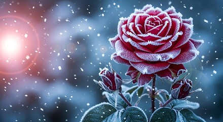 A frosted red rose with two buds, surrounded by falling snowflakes and a soft glow.