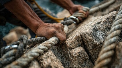 Close up of hands gripping rope on rocky surface with selective focus