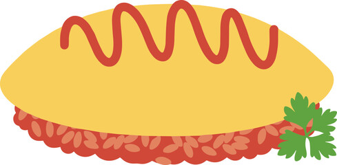 Flat Simple Omurice with Ketchup and Parsley Japanese Cuisine Illustration