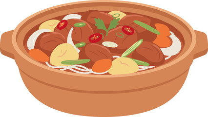 Flat Illustration Delicious Braised Meat Stew with Vegetables in Pot