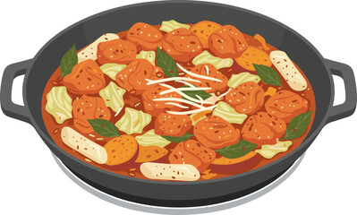 Illustrated Authentic Spicy Chicken and Rice Cake Korean Cuisine Dish