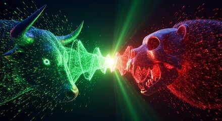 Dynamic digital bull versus bear financial market battle, perfect for investment, trading, or economic visualizations with a modern, futuristic edge
