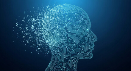 A digital head silhouette filled with binary code patterns, set against a dark blue background. Represents concepts like artificial intelligence, advanced technology, and digital innovation.
