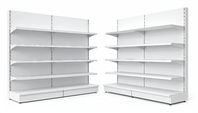 White retail shelves display goods, empty supermarket fixtures