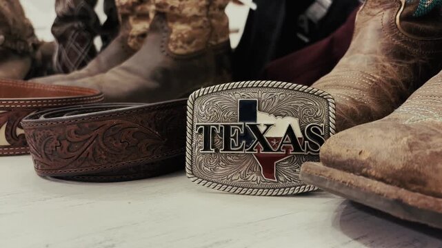 Close-up of a Texas-themed metal belt buckle placed beside tooled leather belts and worn western-style boots.