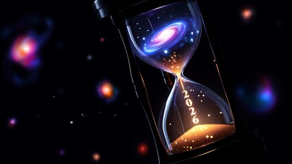 A celestial hourglass measures cosmic time, with a galaxy transforming into the year 2029 against a deep space background