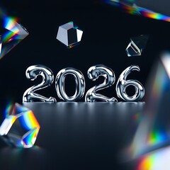 Futuristic 3D rendering of the year 2026 in liquid silver metal font with crystal prisms creating rainbow light refractions