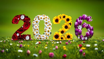 Vibrant 2026 formed by diverse flowers roses, daisies, sunflowers, and tulips, blooming in a lush green meadow, symbolizing a hopeful and beautiful new year ahead