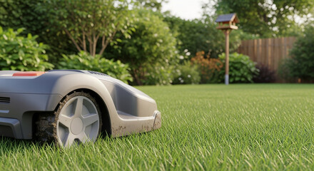A gray robotic lawnmower sits on lush green grass in a sunlit backyard garden. The scene features a birdhouse and lush greenery, highlighting modern lawn care.
