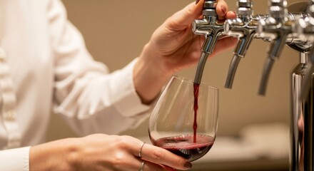 A woman pours red wine from a modern tap into a glass. Close-up of a bartender serving draft wine in a bar or restaurant