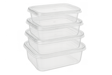 Stacked clear plastic food storage containers and reusable meal prep boxes for kitchen organization