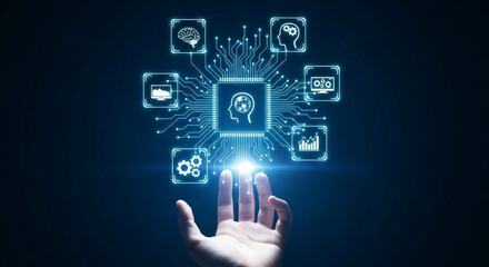 A hand reaches towards glowing artificial intelligence icons against a dark blue backdrop, symbolizing digital innovation and the future of technology.
