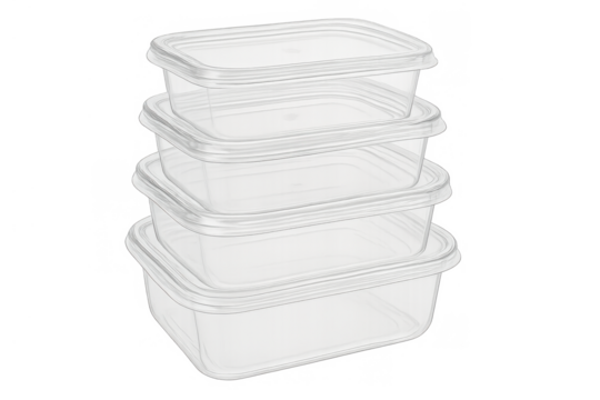 Stacked clear plastic food storage containers and reusable meal prep boxes for kitchen organization