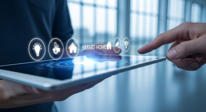 A pair of hands holds a tablet displaying a glowing user interface with white icons over a blue, futuristic backdrop, suggesting connectivity and modern technology.
