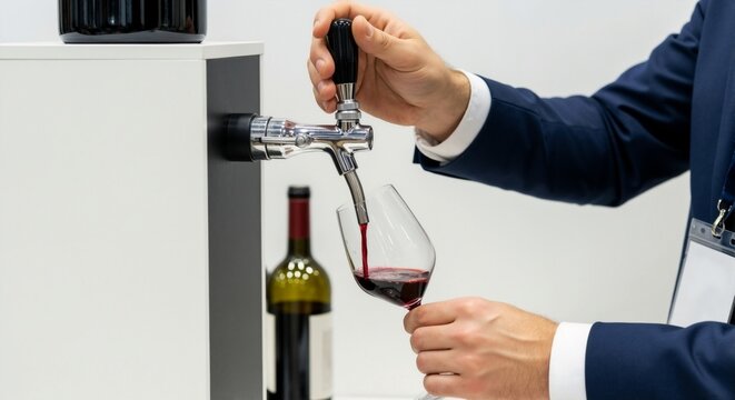 A professional man pouring red wine from a modern dispenser tap into a glass. Sommelier serving at a wine tasting event or exhibition.