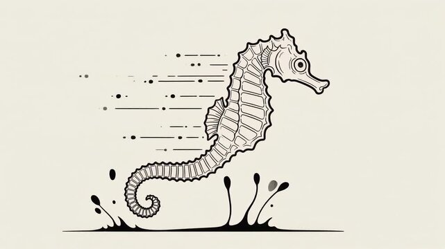 Animated Seahorse Outline with Motion Lines and Water Splash Effect on Cream Background